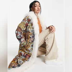 Miss Selfridge Multicolor Floral Teddy Jacket with White Faux Fur